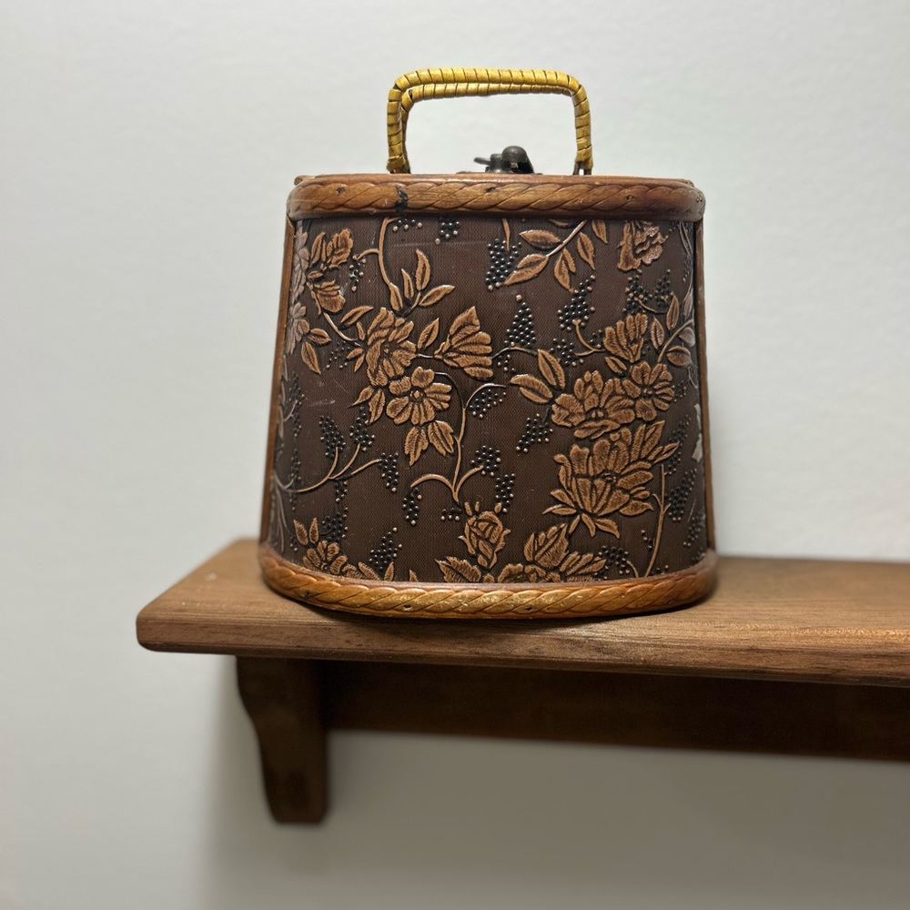 1980s Wooden Brown Floral Embossed Handbag